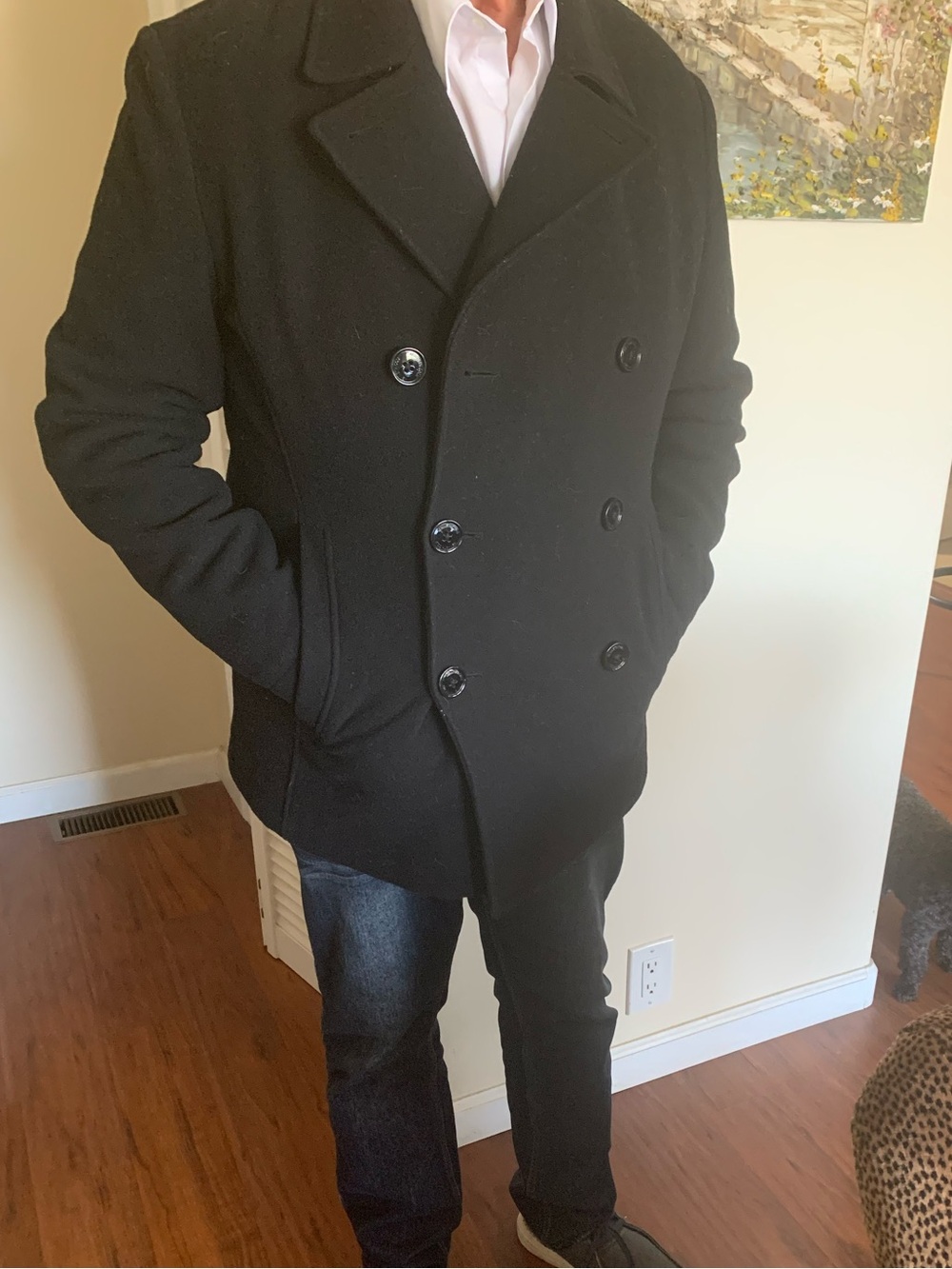 Kenneth Cole Reaction Men's Black Double-Breasted wool blend Peacoat